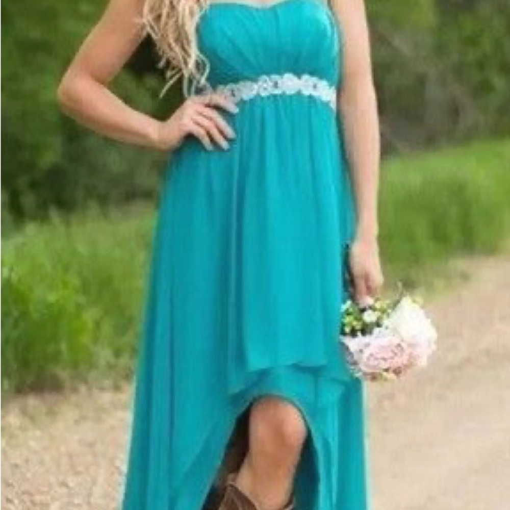 Teal High Low Strapless Sweetheart Neck Chiffon Dress with White Lace Belt
